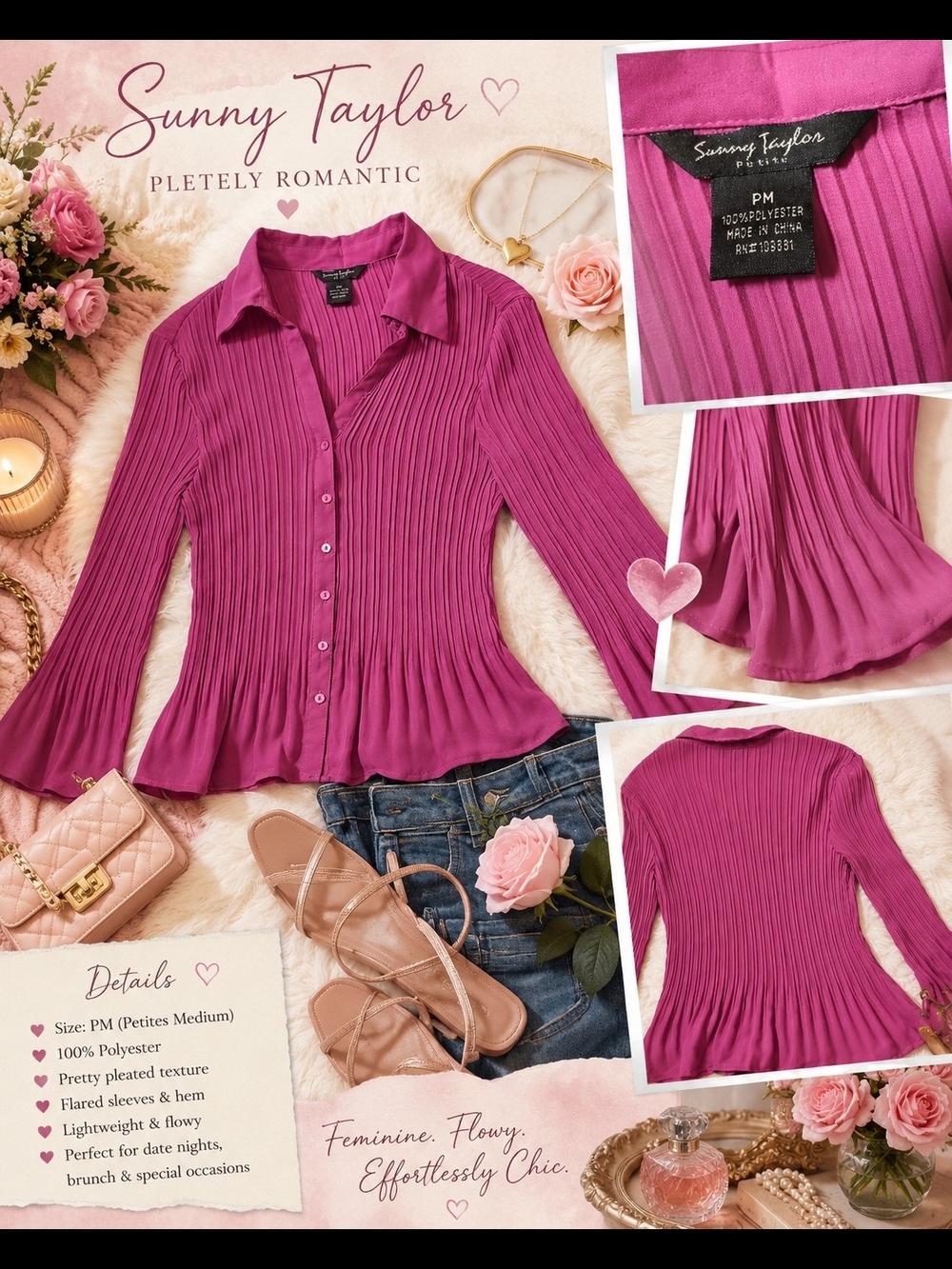 Sunny Taylor Pleated Button-Front Blouse in Magenta Pink